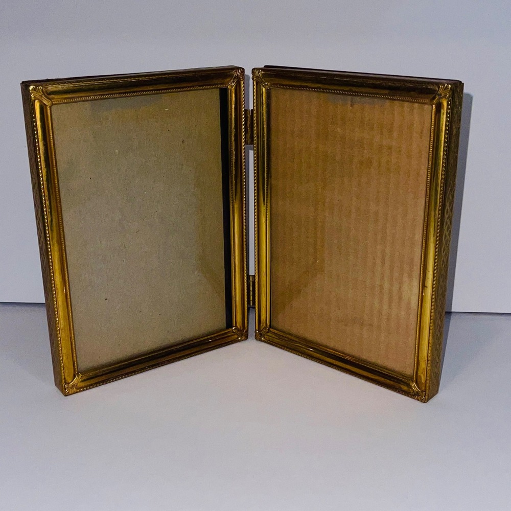 Vintage Double Folding Picture Frame Gold Tone Metal Etched 5x7 Burgundy Velvet